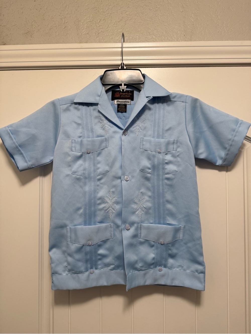Vintage Copacabana Kids Guayabera Shirt Size 8 Light Blue Embroidered Mexico